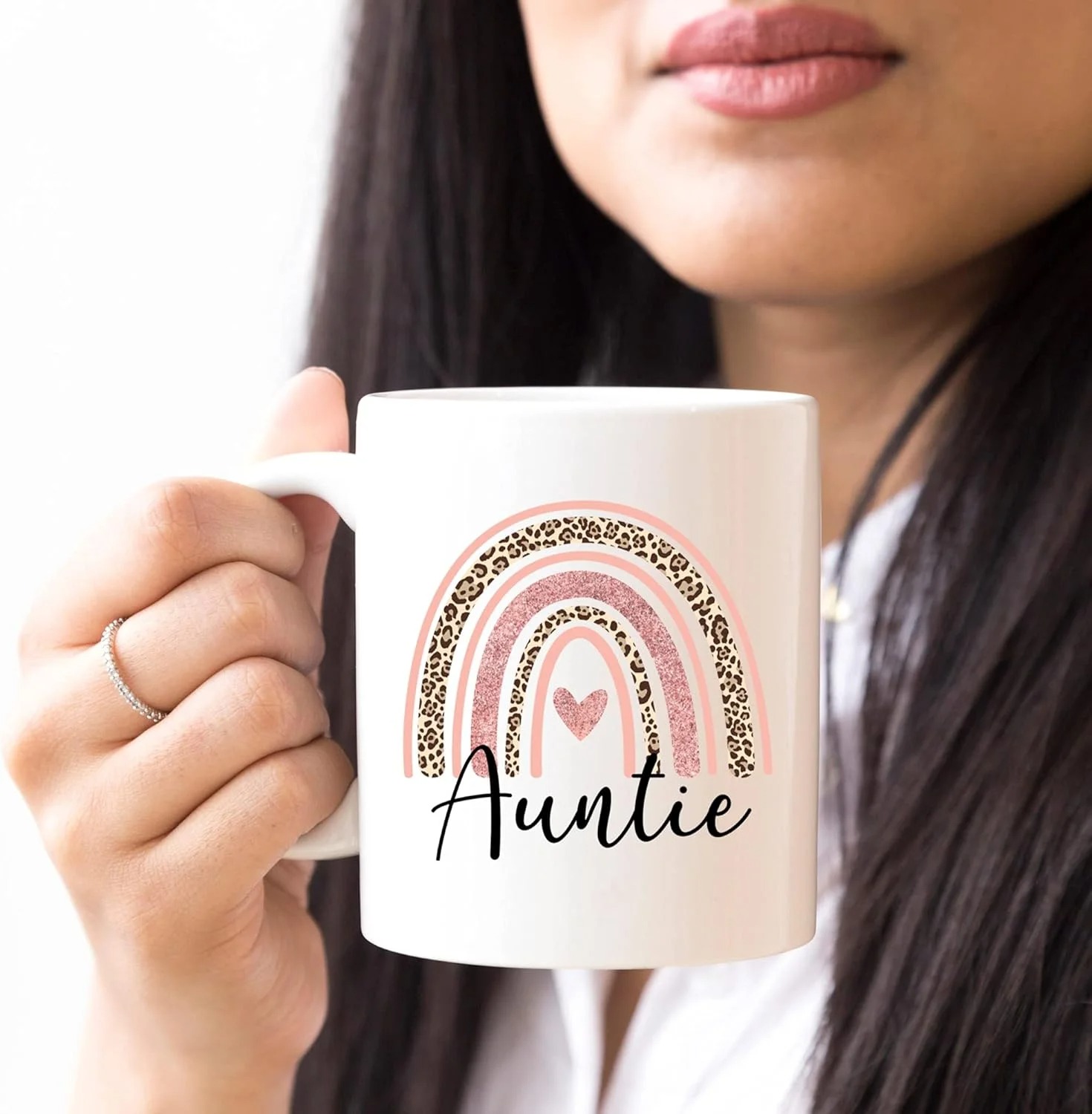 11 Oz Auntie Text Printed Coffee Mug With Rainbow Design