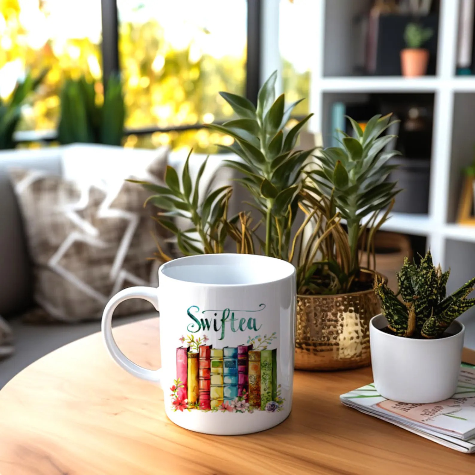 TS Inspired Book Stack Floral Design Themed 11oz Ceramic Coffee Mug