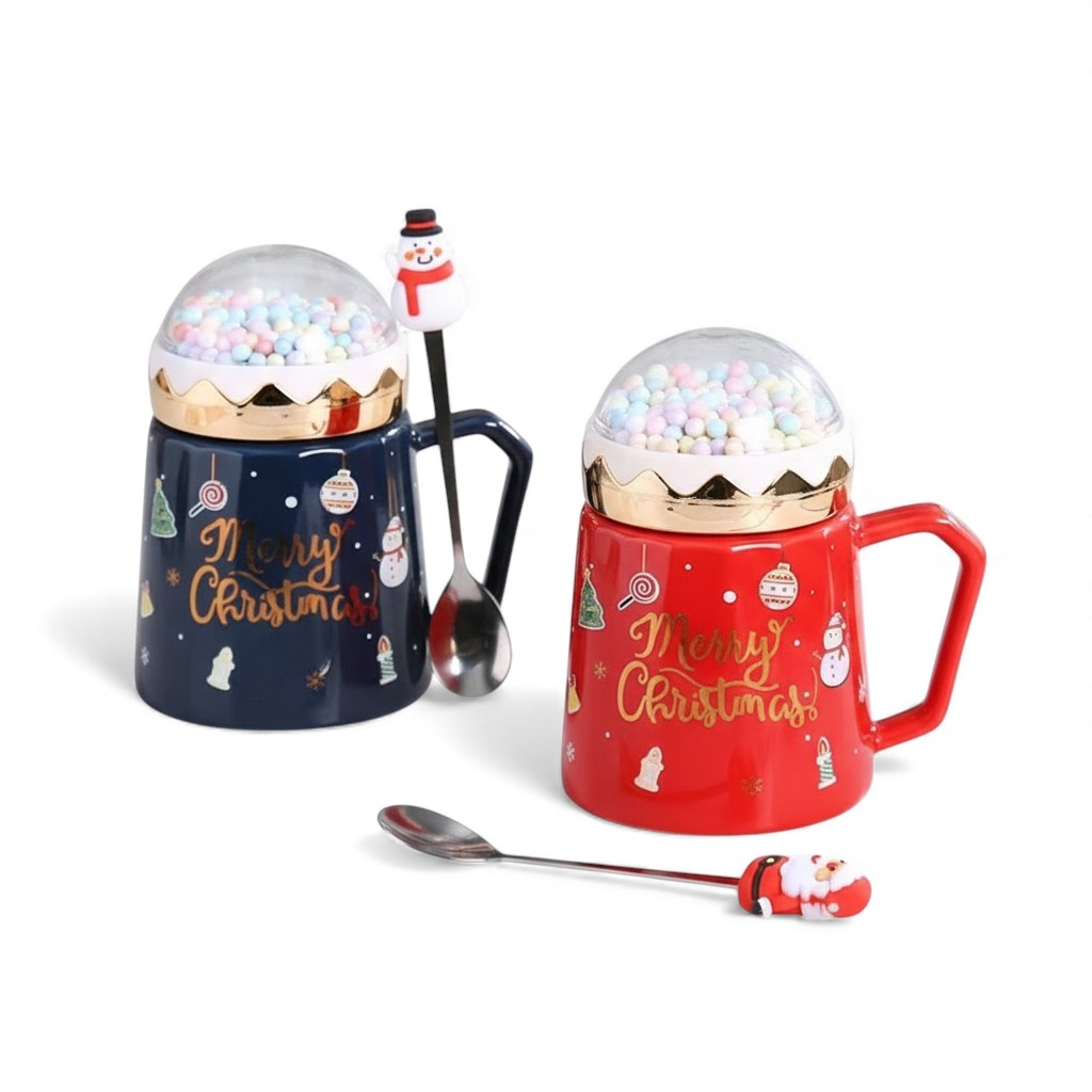 Christmas Mugs With Lid And Santa Claus Spoon 