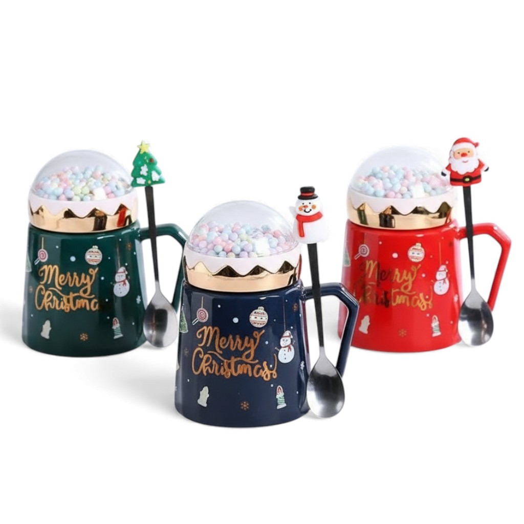 Christmas Mugs With Lid And Santa Claus Spoon 