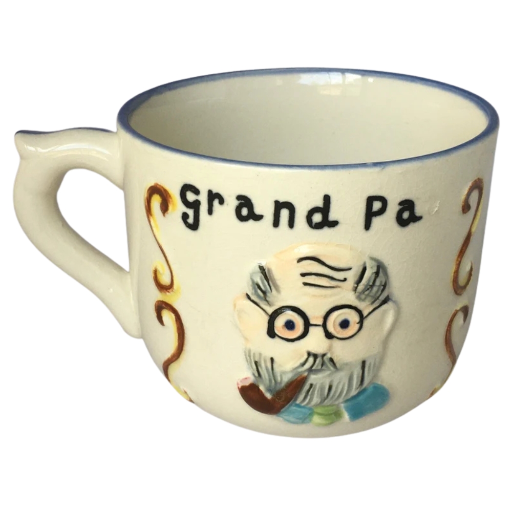 Grand Pa Mug Blue Rim - Grandfather Smoking Pipe Old Man Bald Glasses