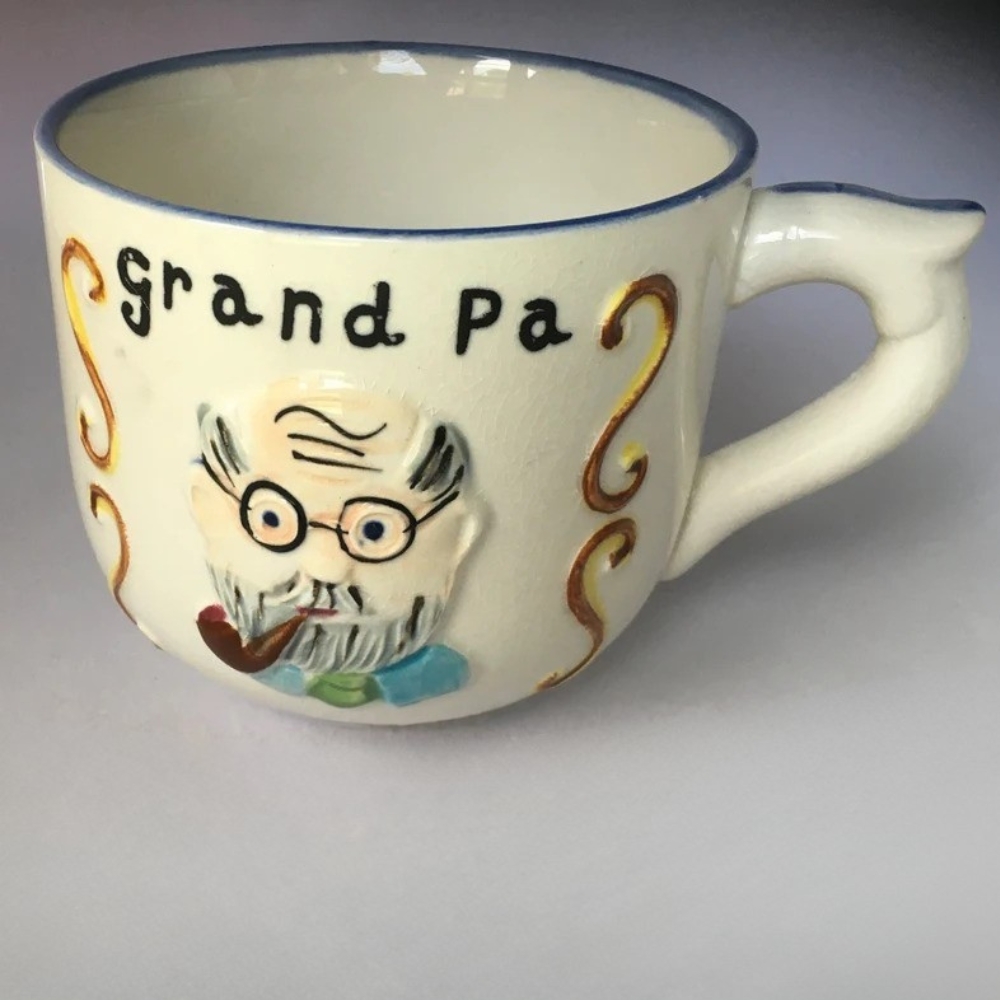 Grand Pa Mug Blue Rim - Grandfather Smoking Pipe Old Man Bald Glasses