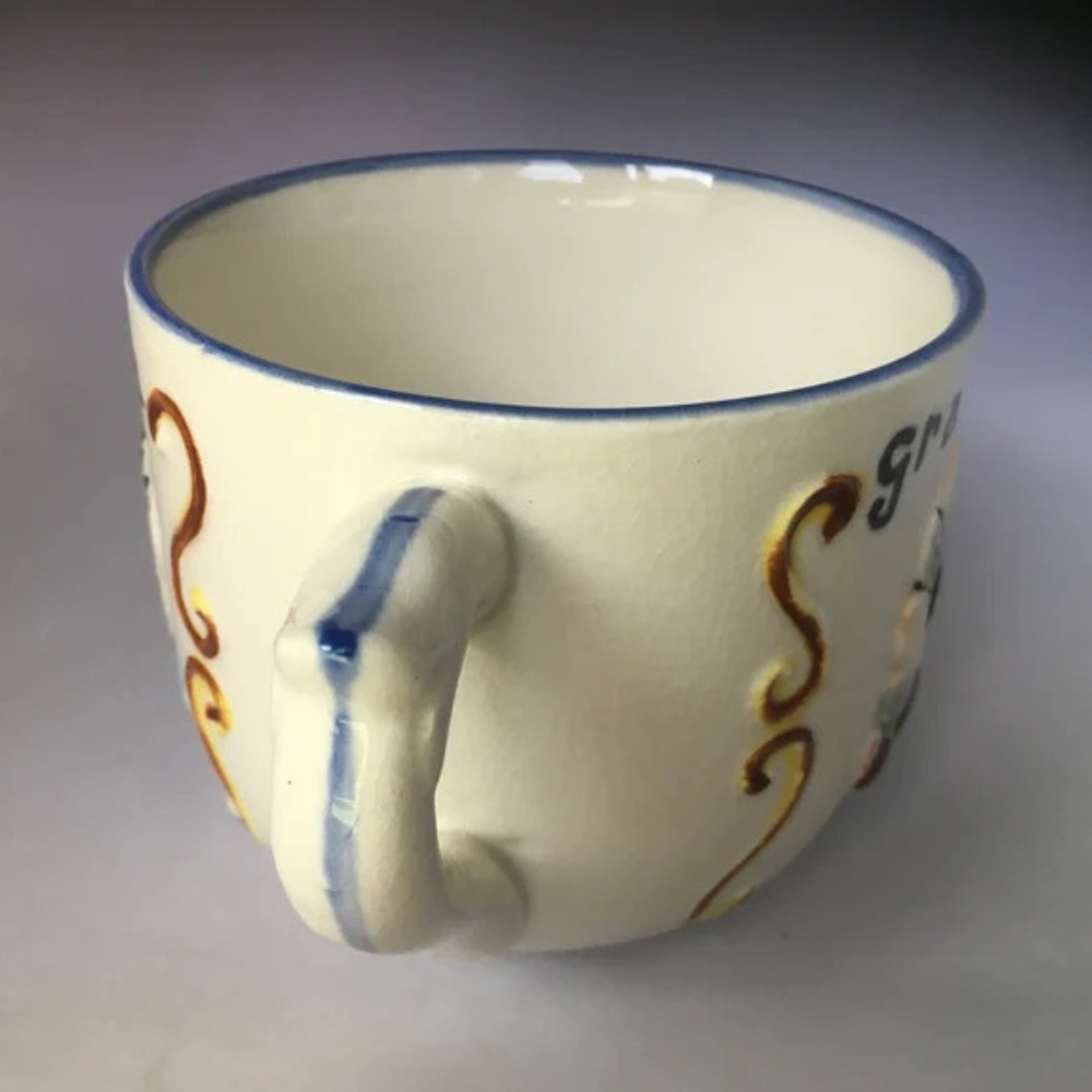 Grand Pa Mug Blue Rim - Grandfather Smoking Pipe Old Man Bald Glasses