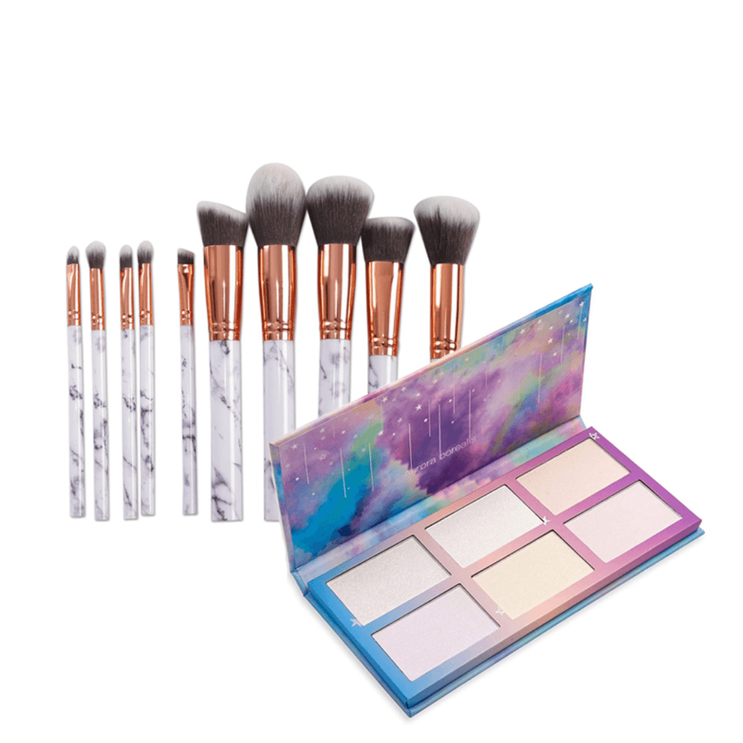 10 Piece Marble Brush Set Highlight Palette - Makeup Application-My Makeup Brushset