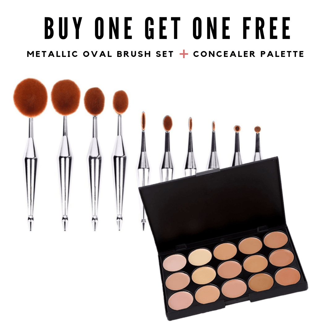 10 Piece Metallic Oval Brush Set And Concealer Palette-My Makeup Brushset