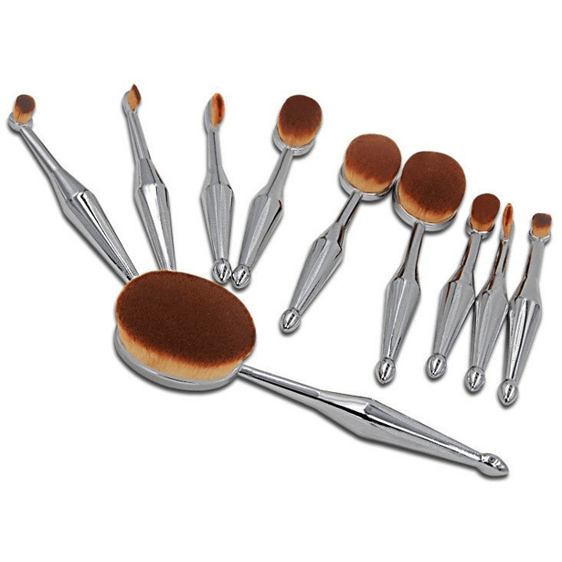 10 Piece Silver Oval Brush Set – Metallic Precision Blending-My Makeup Brushset
