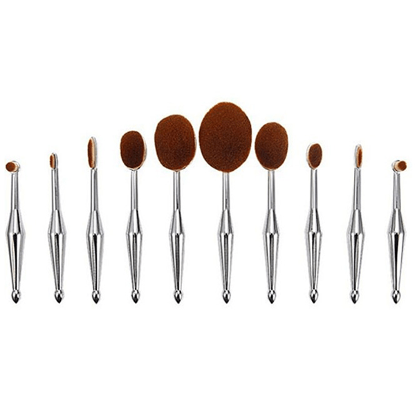 10 Piece Silver Oval Brush Set – Metallic Precision Blending-My Makeup Brushset