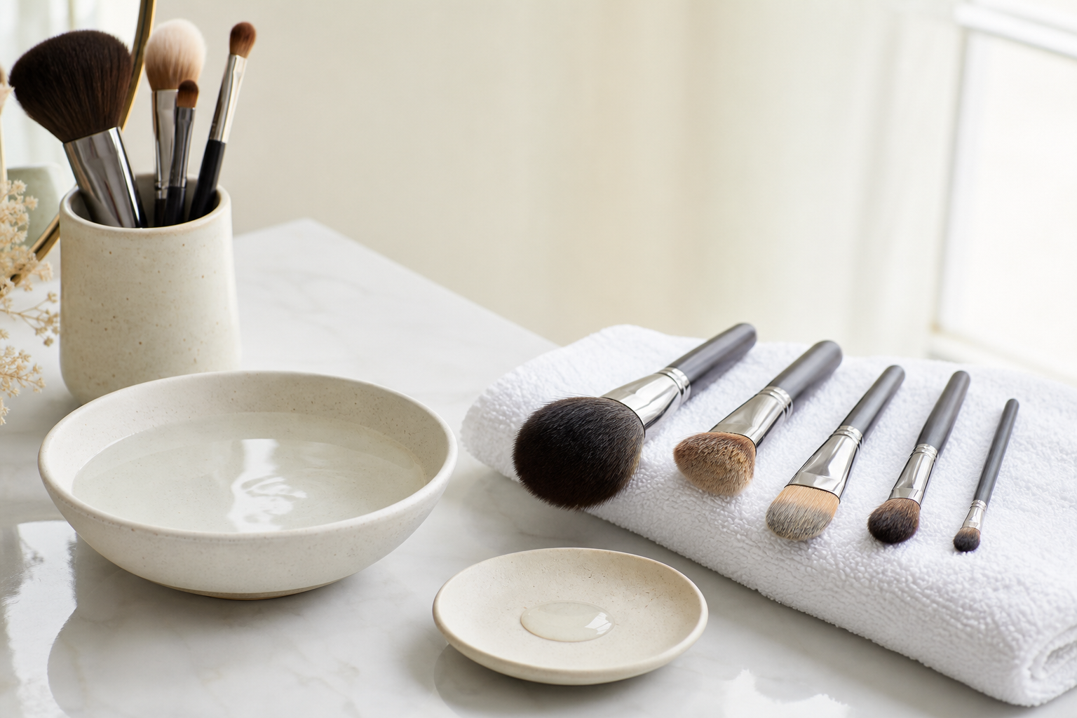 Clean makeup brushes of different shapes drying flat beside lukewarm water and gentle cleanser on a bright vanity