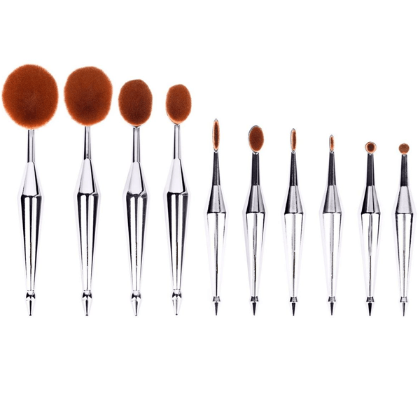 10 Piece Silver Oval Brush Set – Metallic Precision Blending-My Makeup Brushset