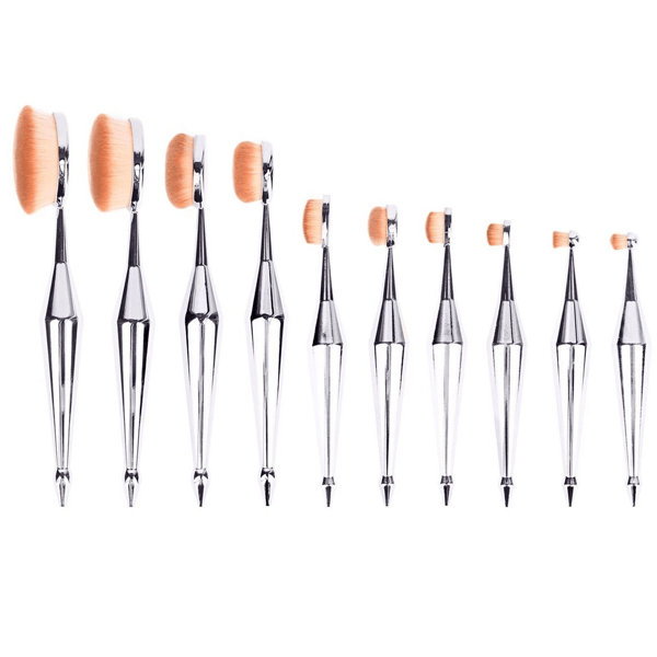 10 Piece Silver Oval Brush Set – Metallic Precision Blending-My Makeup Brushset