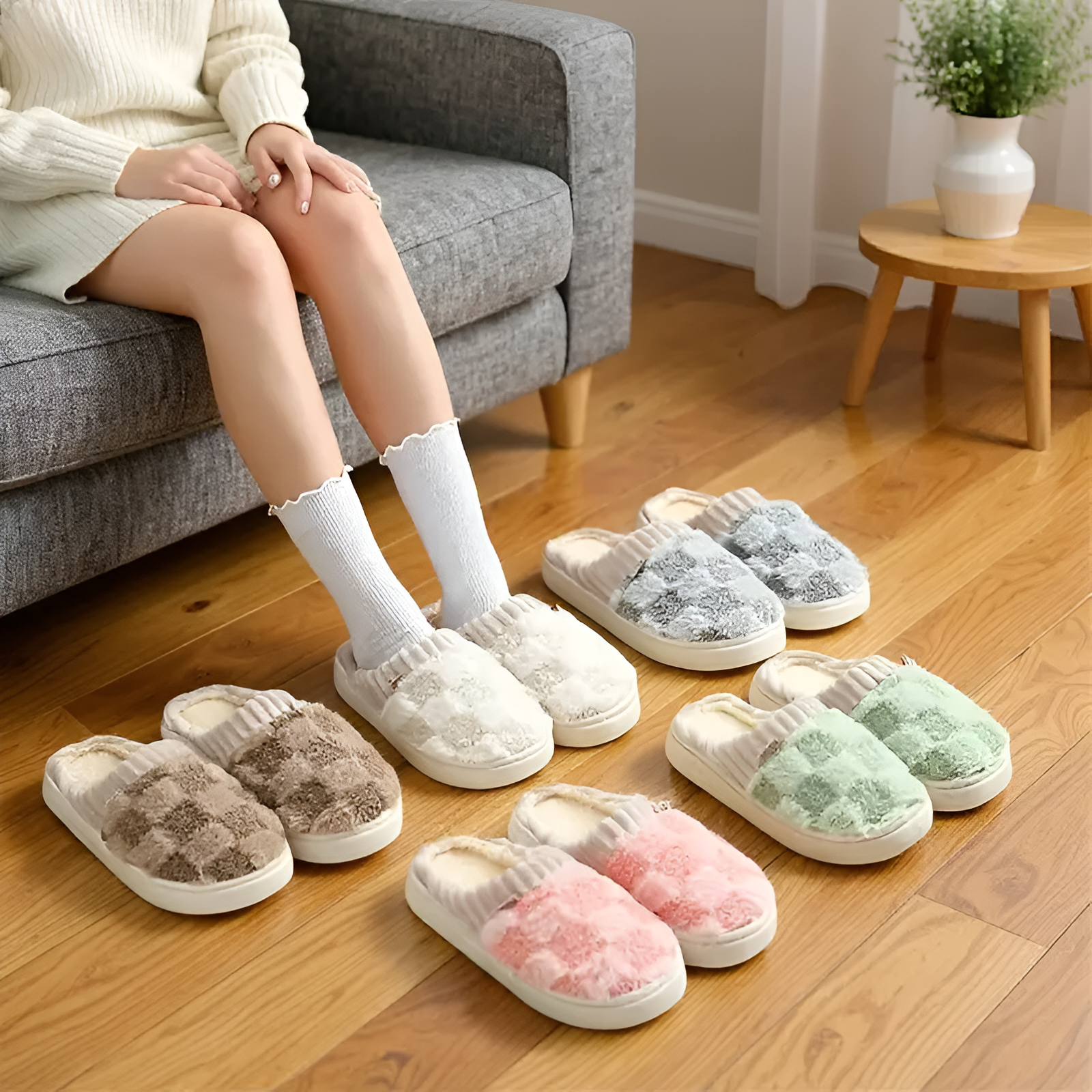 Plush Checkered Slip On Slippers