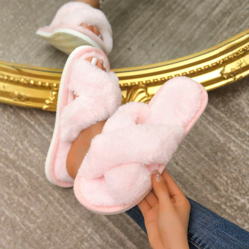 Criss Cross Strap Fluffy Indoor Cozy Slippers
