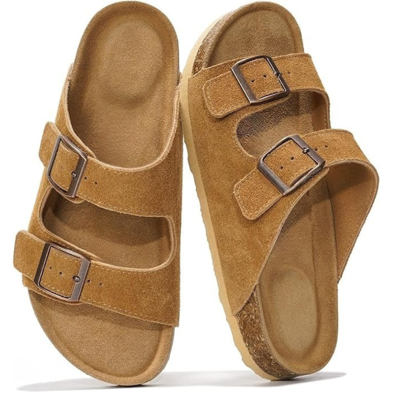 Textured Outsole Leather Flat Sandals With Buckle Straps-My Soft Slipper