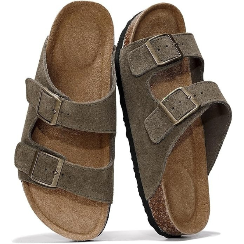 Textured Outsole Leather Flat Sandals With Buckle Straps-My Soft Slipper