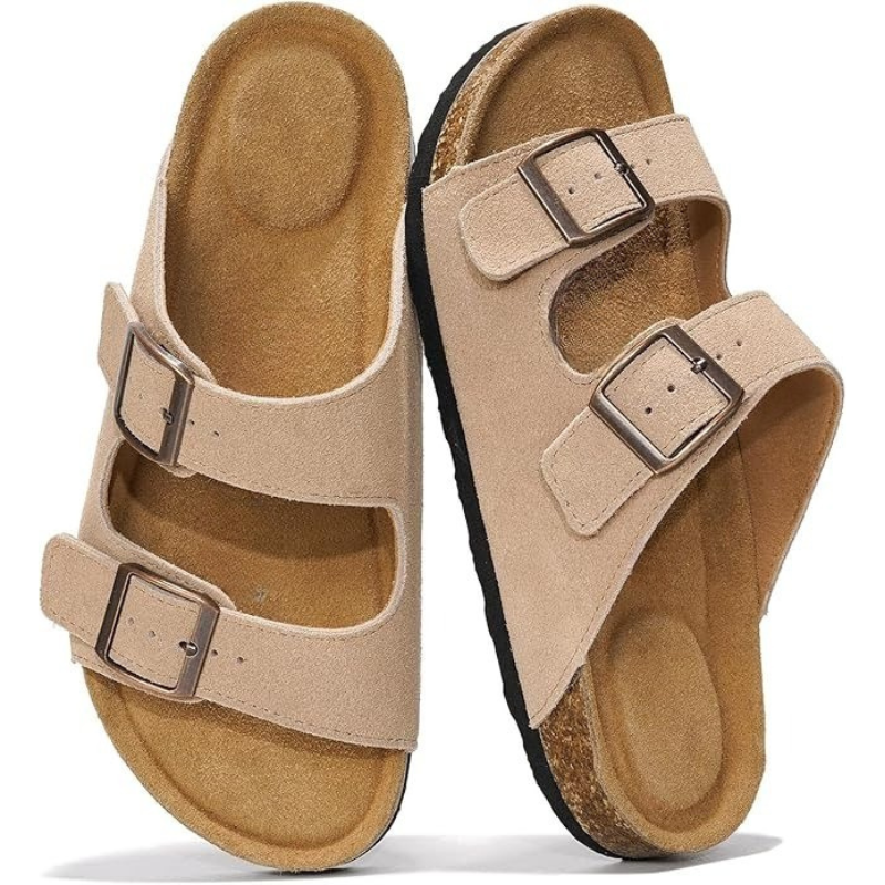 Textured Outsole Leather Flat Sandals With Buckle Straps-My Soft Slipper