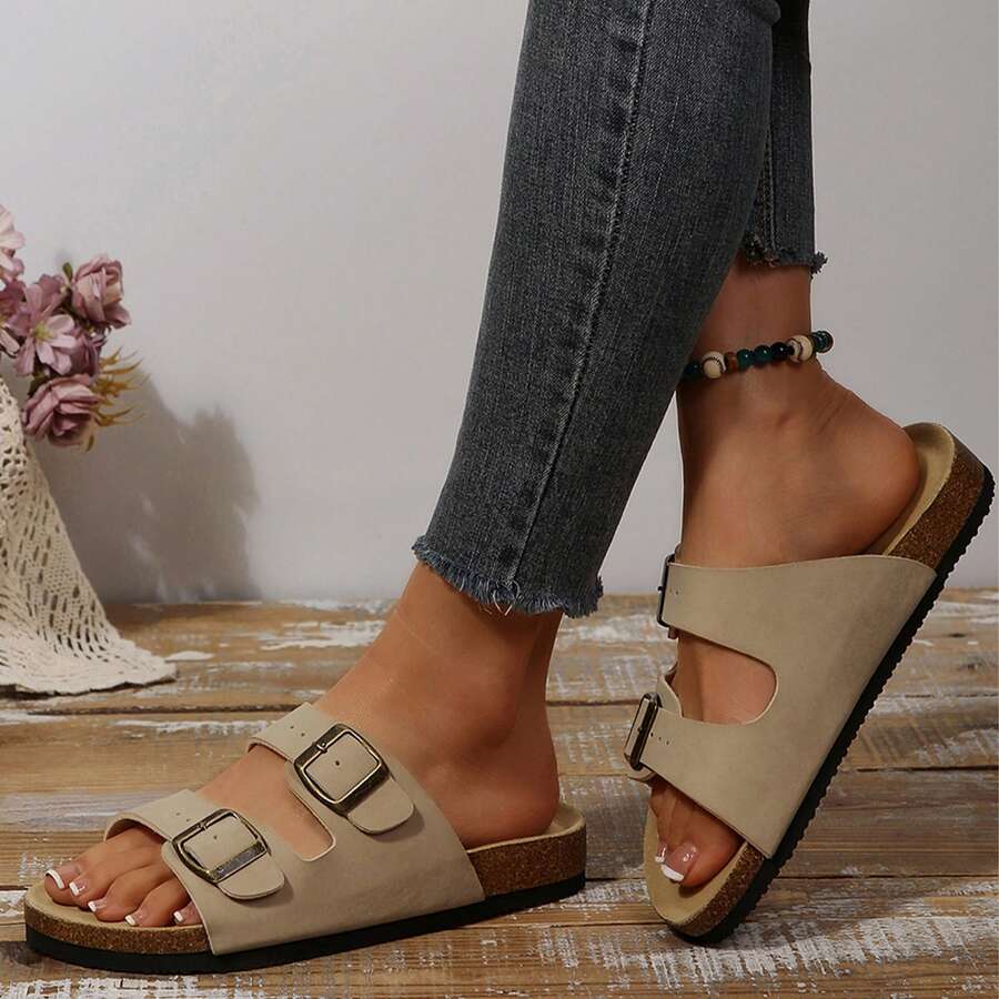 Adjustable Double Buckle Flat Sandals For Women