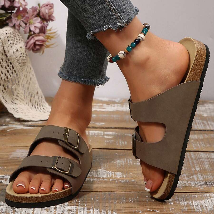 Adjustable Double Buckle Flat Sandals For Women