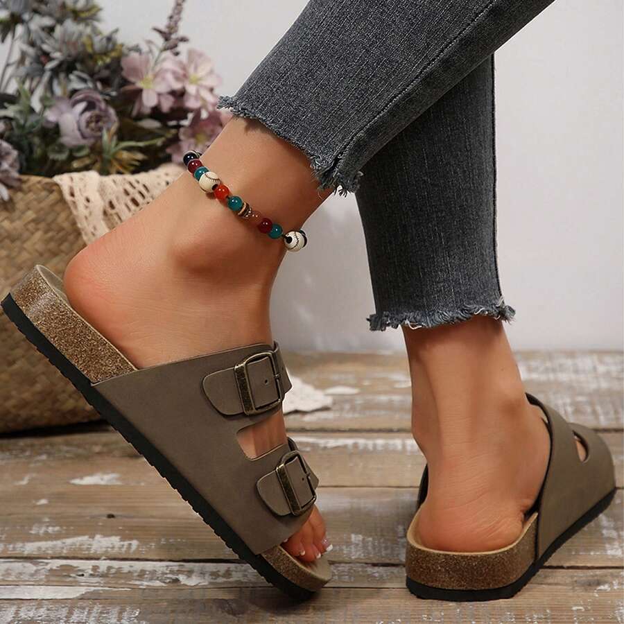 Adjustable Double Buckle Flat Sandals For Women