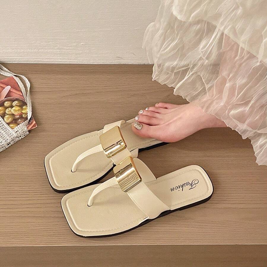 Casual Flat Metal Square Buckle Flip Flops For Women