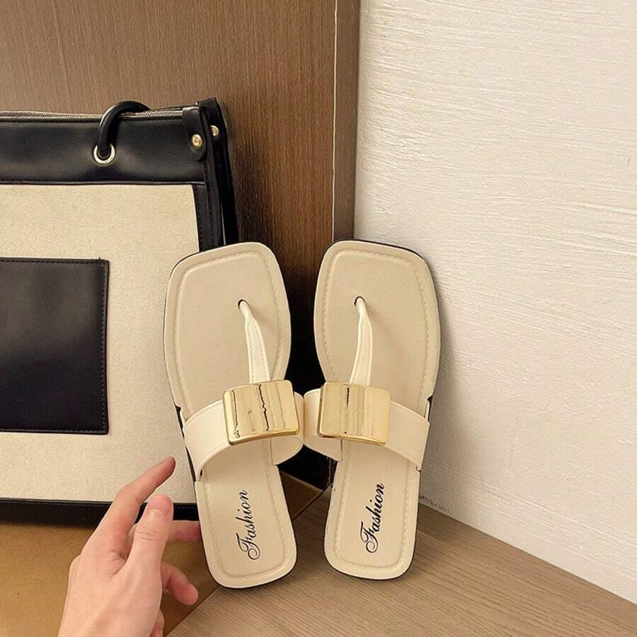 Casual Flat Metal Square Buckle Flip Flops For Women