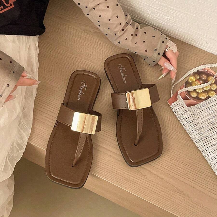 Casual Flat Metal Square Buckle Flip Flops For Women