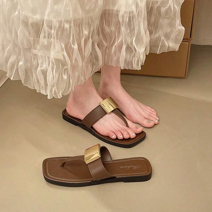 Casual Flat Metal Square Buckle Flip Flops For Women