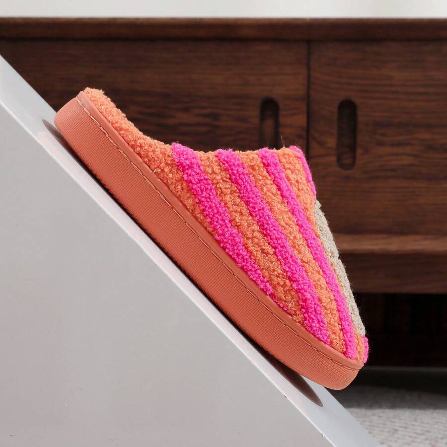Retro Striped Embroidered Contrast Lined Indoor Slippers