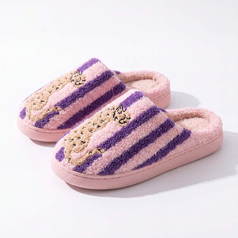 Retro Striped Embroidered Contrast Lined Indoor Slippers