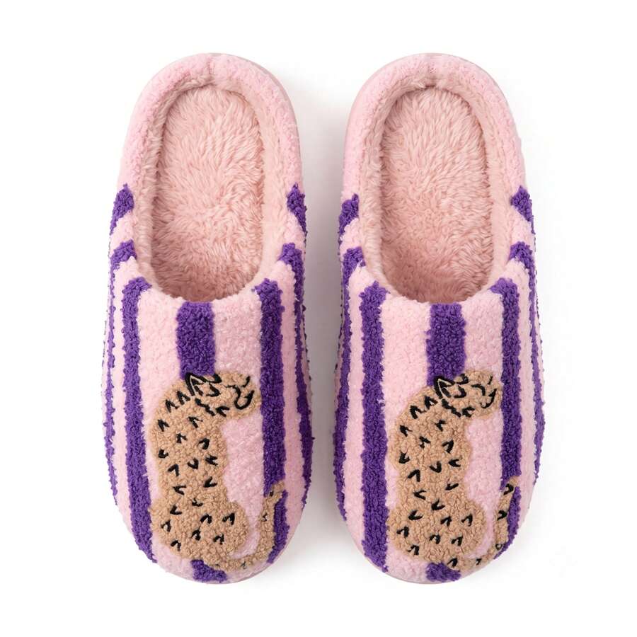 Retro Striped Embroidered Contrast Lined Indoor Slippers
