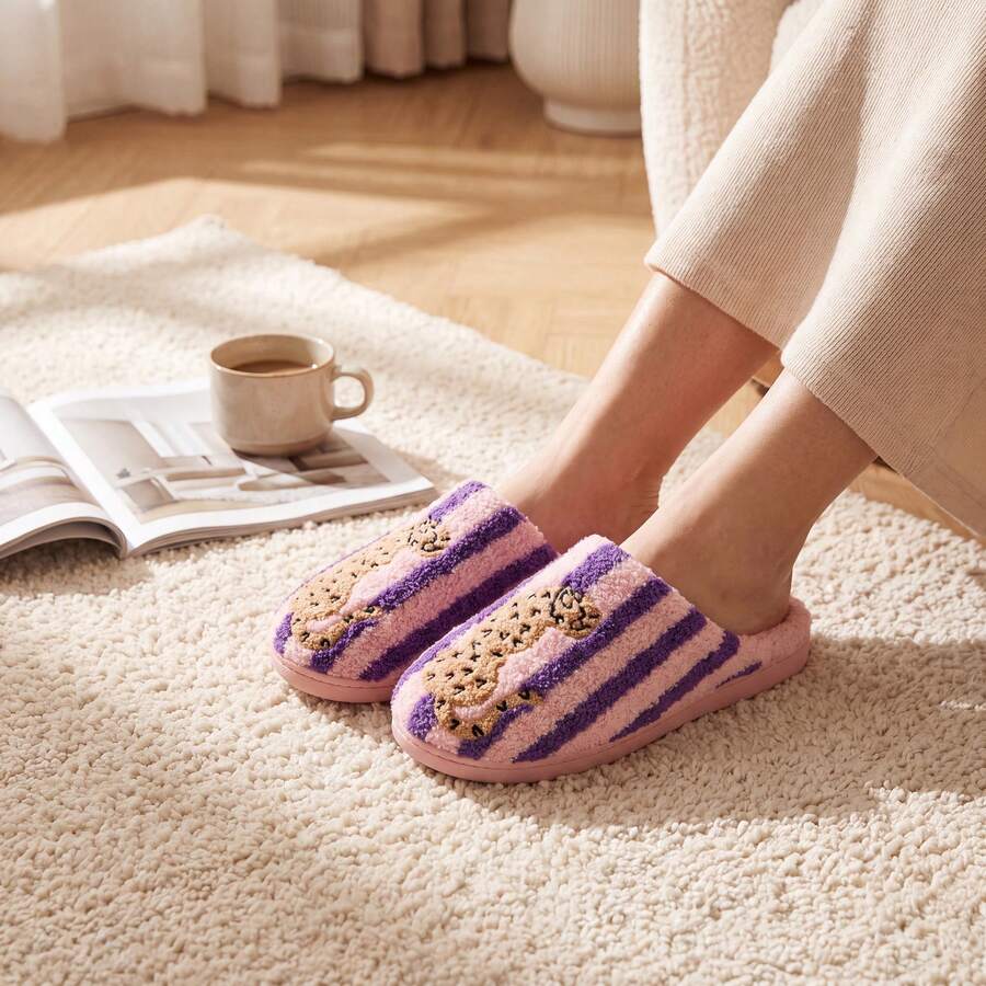 Retro Striped Embroidered Contrast Lined Indoor Slippers