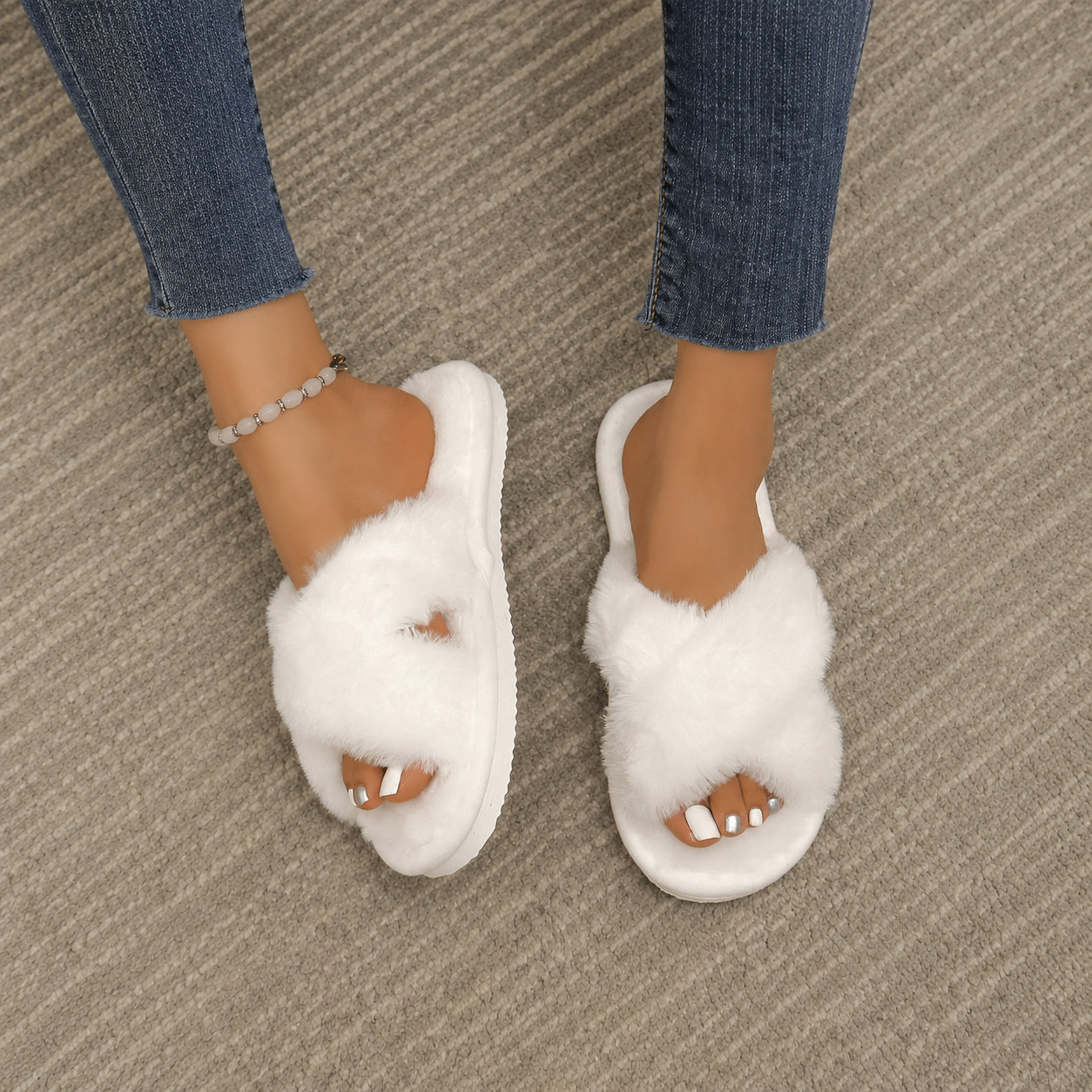 Fluffy Cross Strap Open Toe Indoor Outdoor House Slippers For Women