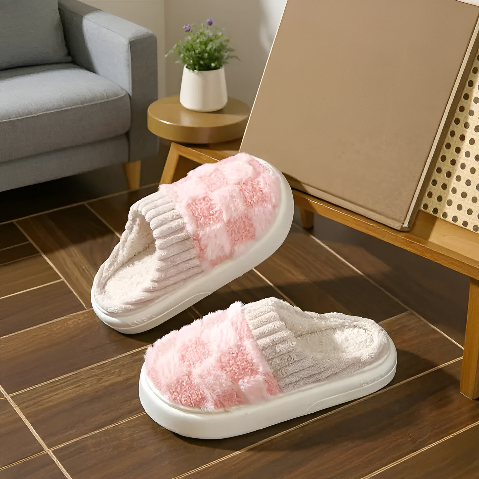 Plush Checkered Slip On Slippers