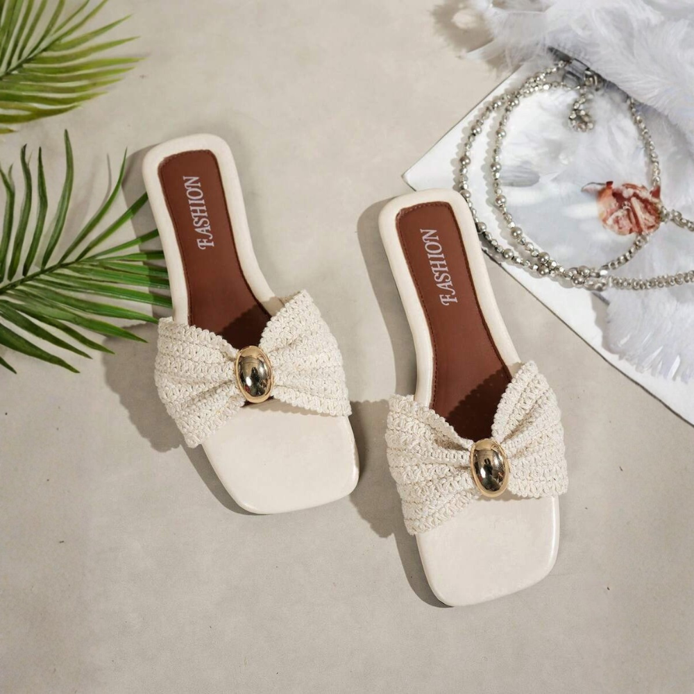 Bow Decor Square Comfy Flat Sandals For Women