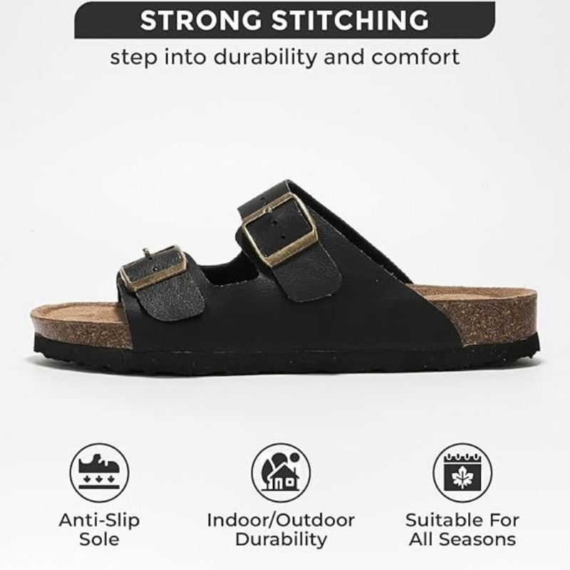 Adjustable Buckle And Cushioned Sole Leather Flat Sandals-My Soft Slipper