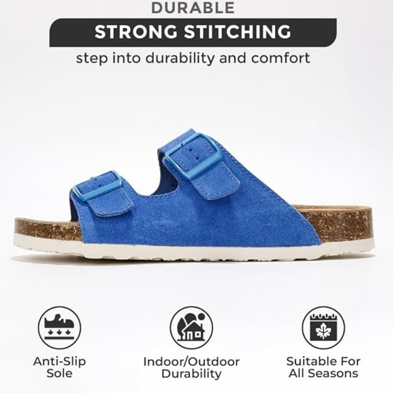 Textured Outsole Leather Flat Sandals With Buckle Straps-My Soft Slipper