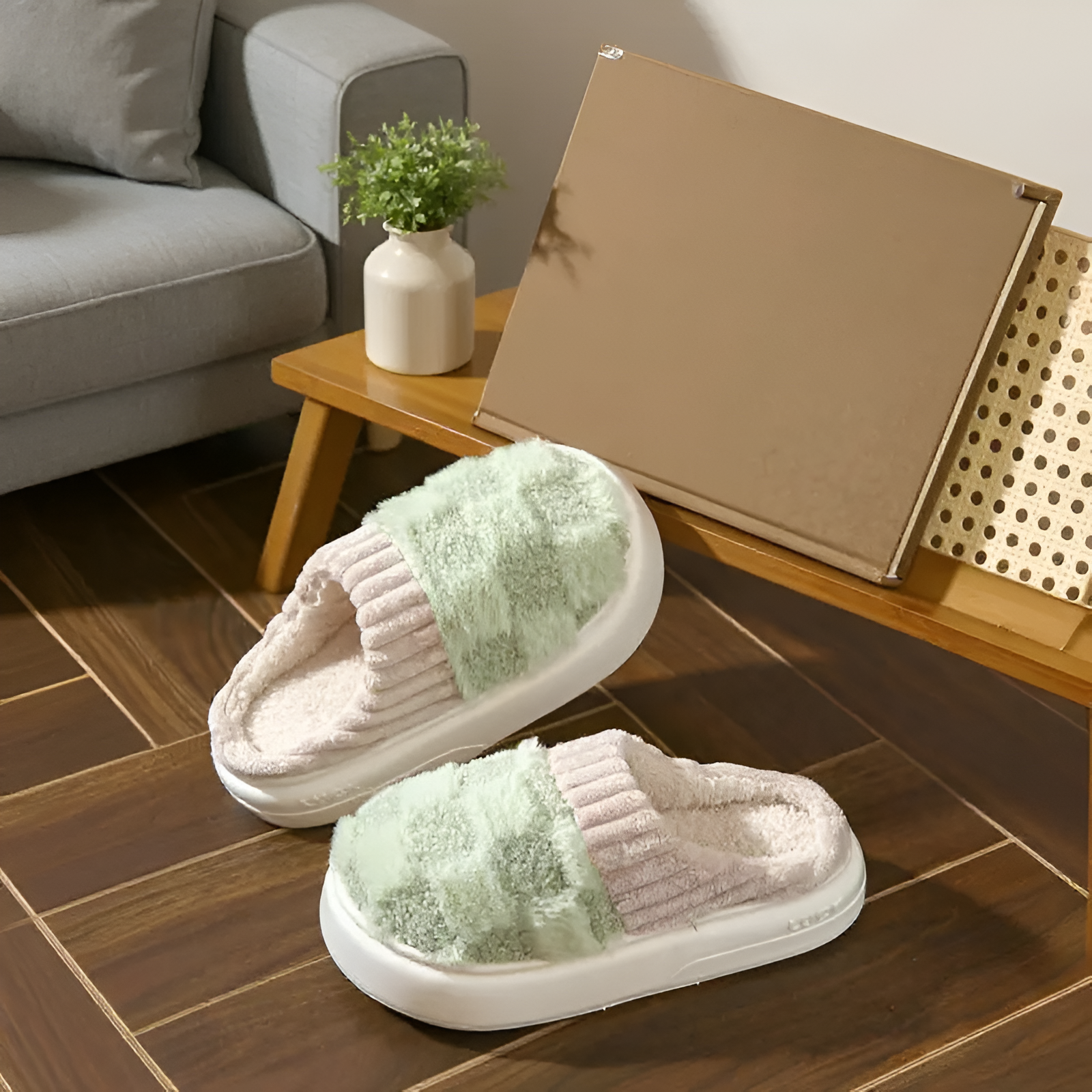 Plush Checkered Slip On Slippers