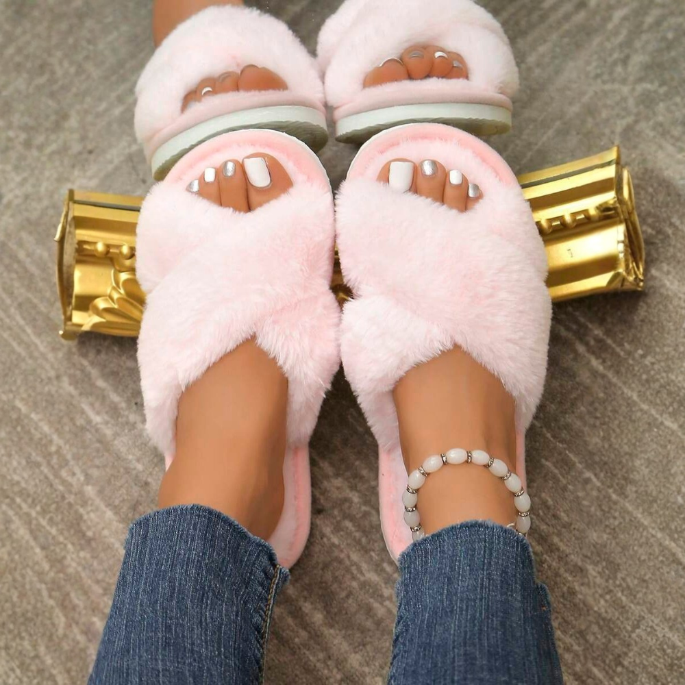 Criss Cross Strap Fluffy Indoor Cozy Slippers