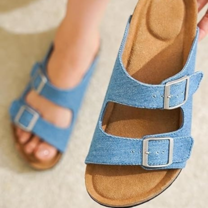 Adjustable Straps Leather Buckle Slides With Cork Footbed-My Soft Slipper