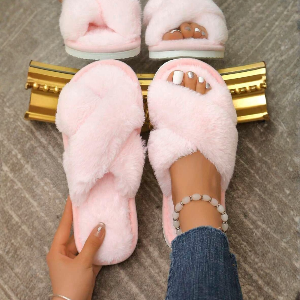Criss Cross Strap Fluffy Indoor Cozy Slippers