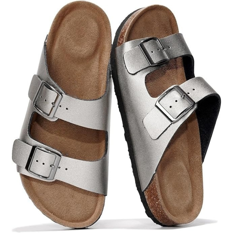 Textured Outsole Leather Flat Sandals With Buckle Straps-My Soft Slipper
