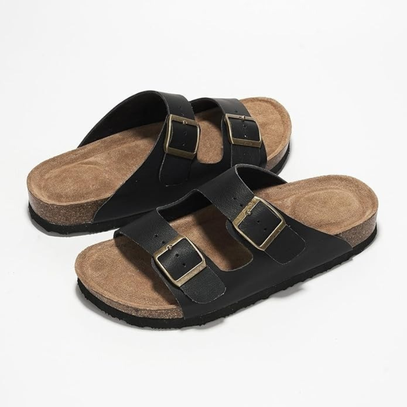 Adjustable Buckle And Cushioned Sole Leather Flat Sandals-My Soft Slipper