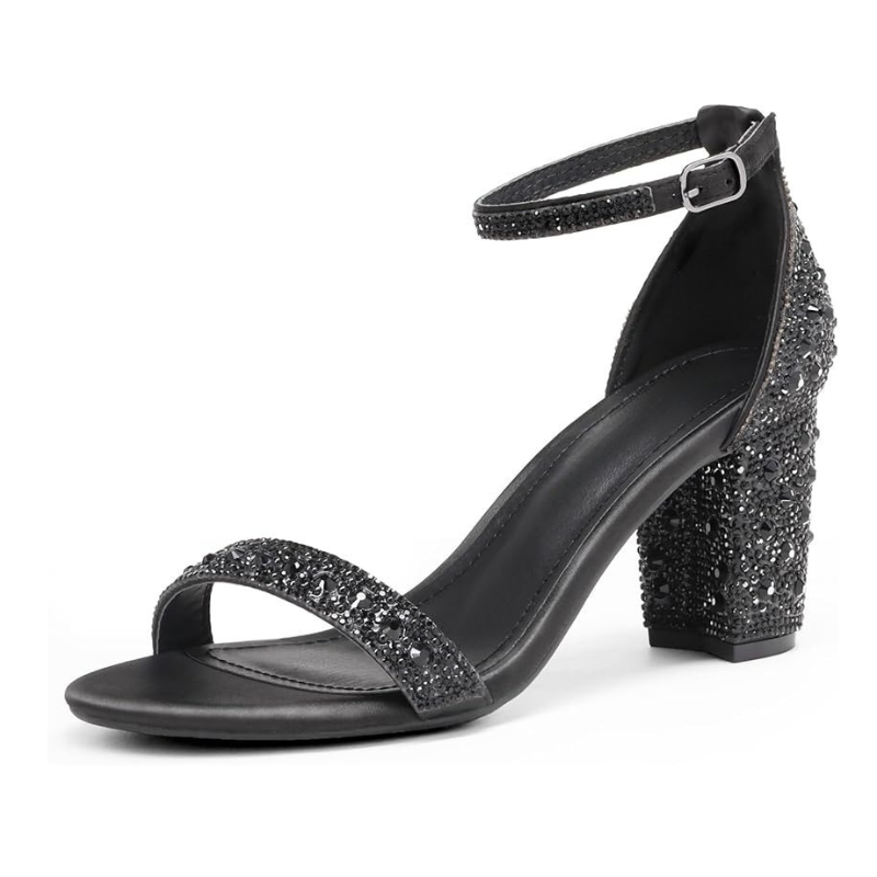 Rhinestone Chunky Adjustable Buckle Low Pump Sandals-My Soft Slipper