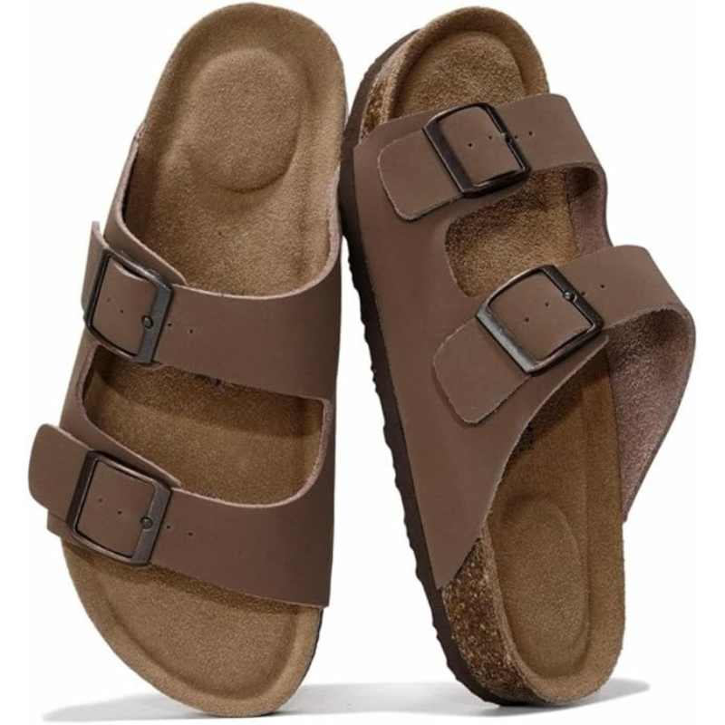 Adjustable Buckle And Cushioned Sole Leather Flat Sandals-My Soft Slipper