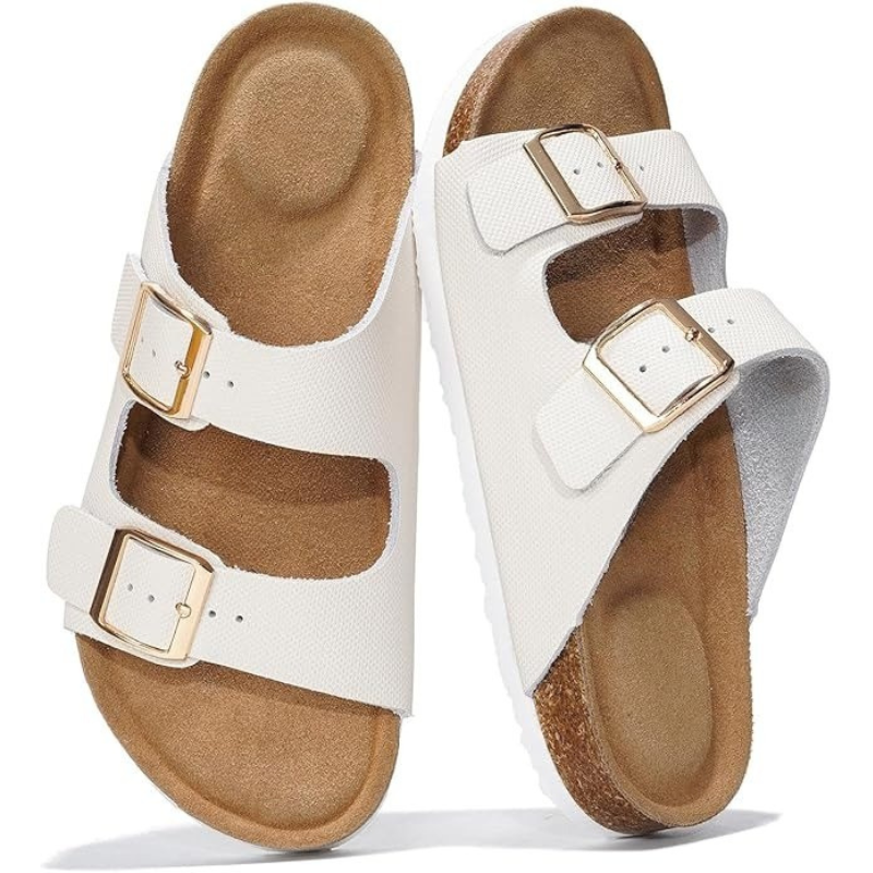 Textured Outsole Leather Flat Sandals With Buckle Straps-My Soft Slipper