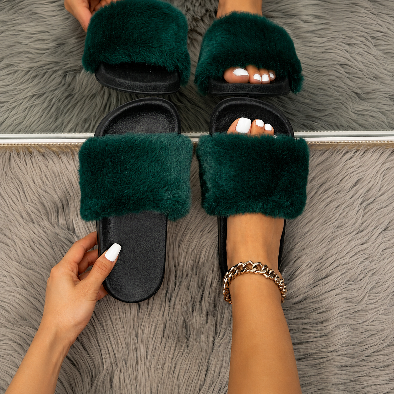Faux Fur Platform Slide Slippers For Indoor Wear