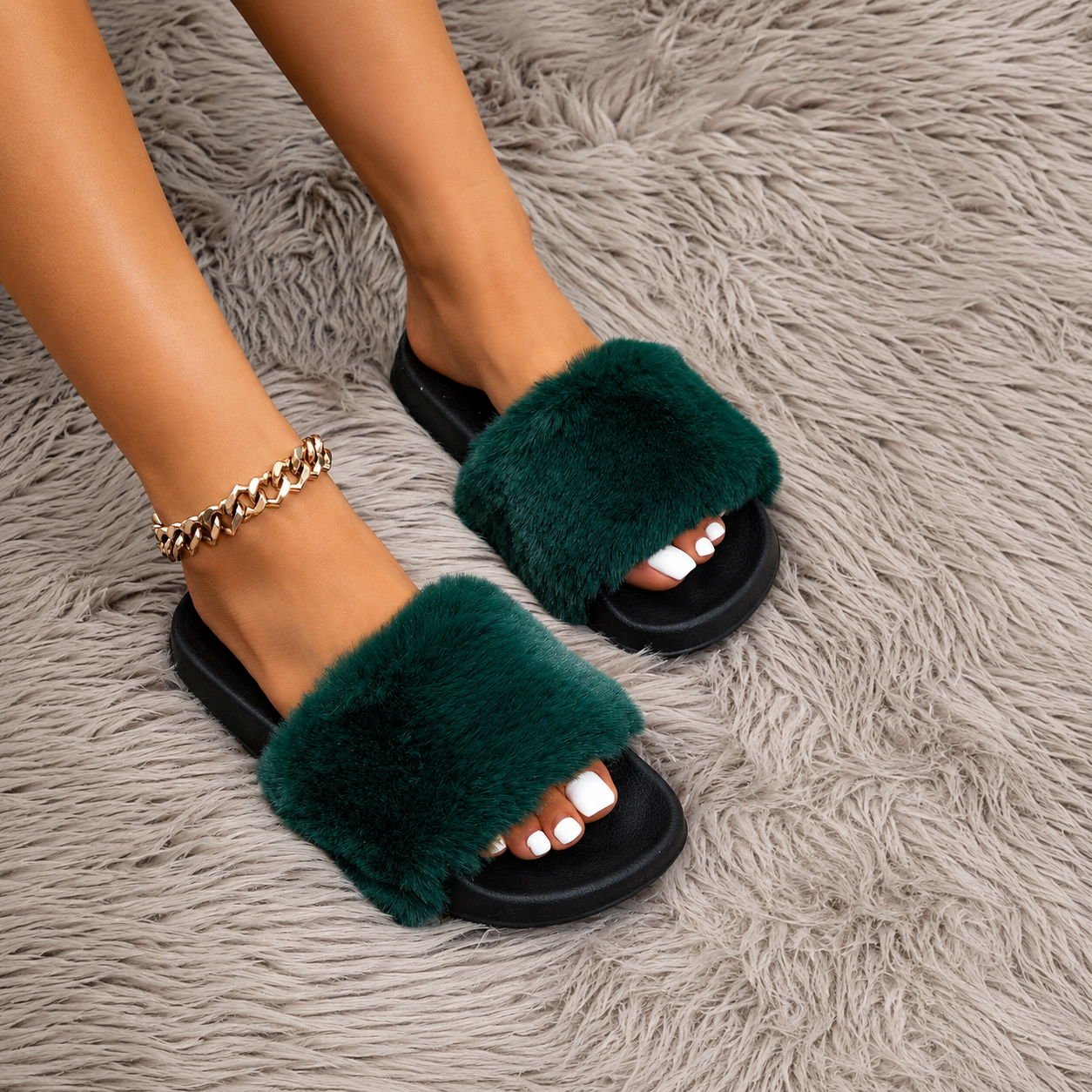 Faux Fur Platform Slide Slippers For Indoor Wear