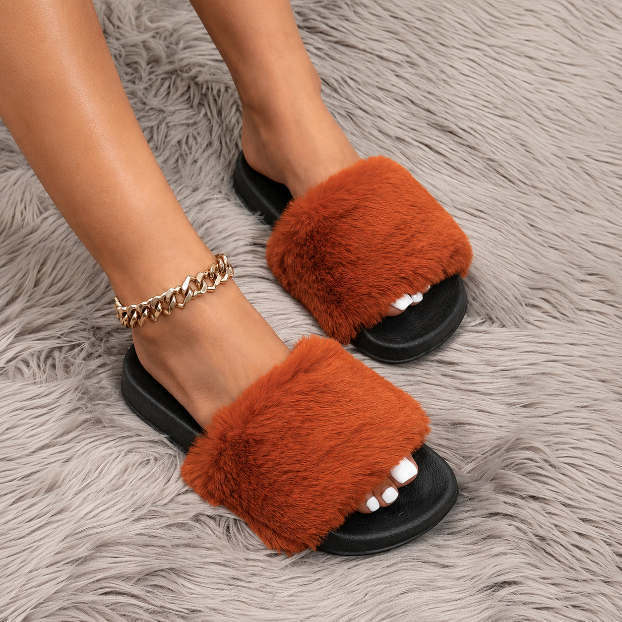 Faux Fur Platform Slide Slippers For Indoor Wear
