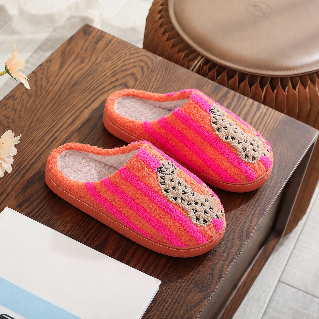 Retro Striped Embroidered Contrast Lined Indoor Slippers