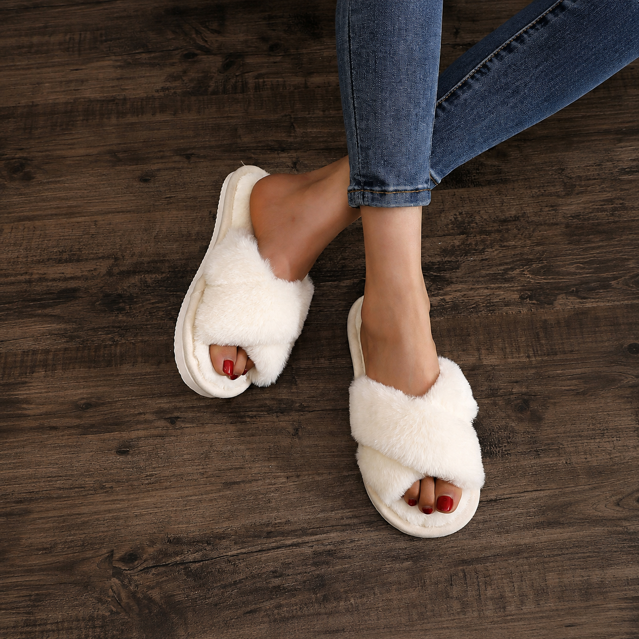 Criss Cross With Fluffy Indoor Comfy Slippers