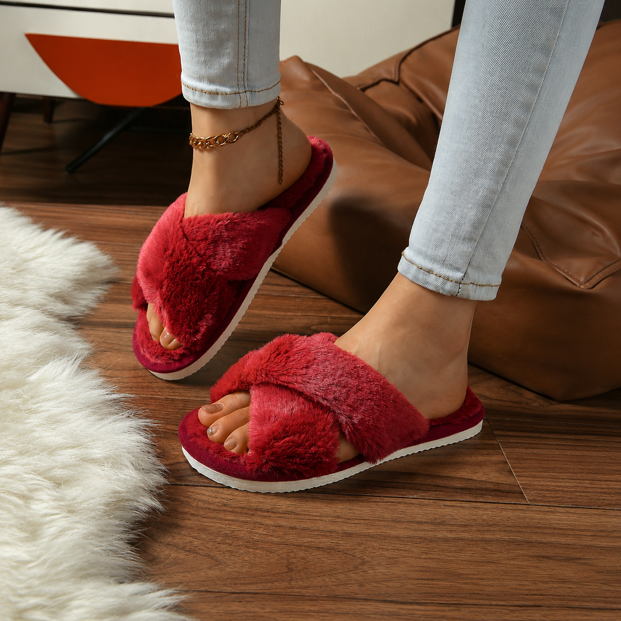 Criss Cross With Fluffy Indoor Comfy Slippers